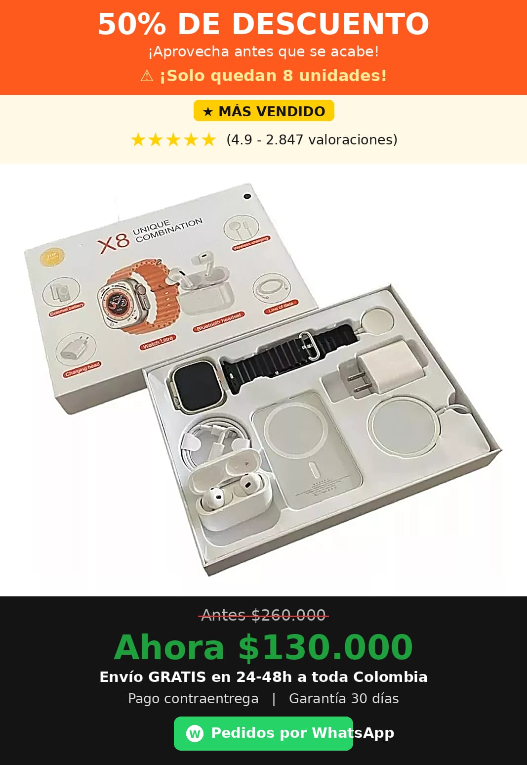 KIT RELOJ X8 ULTRA  AUDIFONO BATERIA